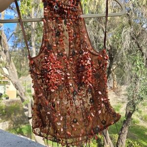 VTG Heavily Embellished Rust Brown Halter Top Xs/Sm Beaded Sequins RARE Whimsy